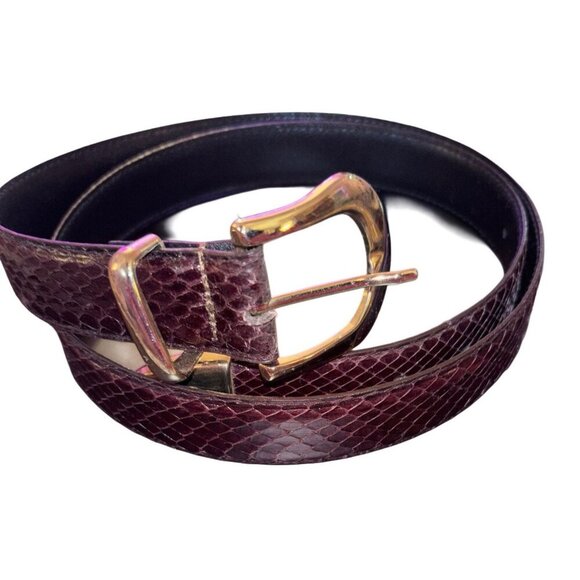 Vtg Snakeskin Women’s Belt, Size XL 40, Burgundy w Gold Buckle, Retro 80s 90s‎